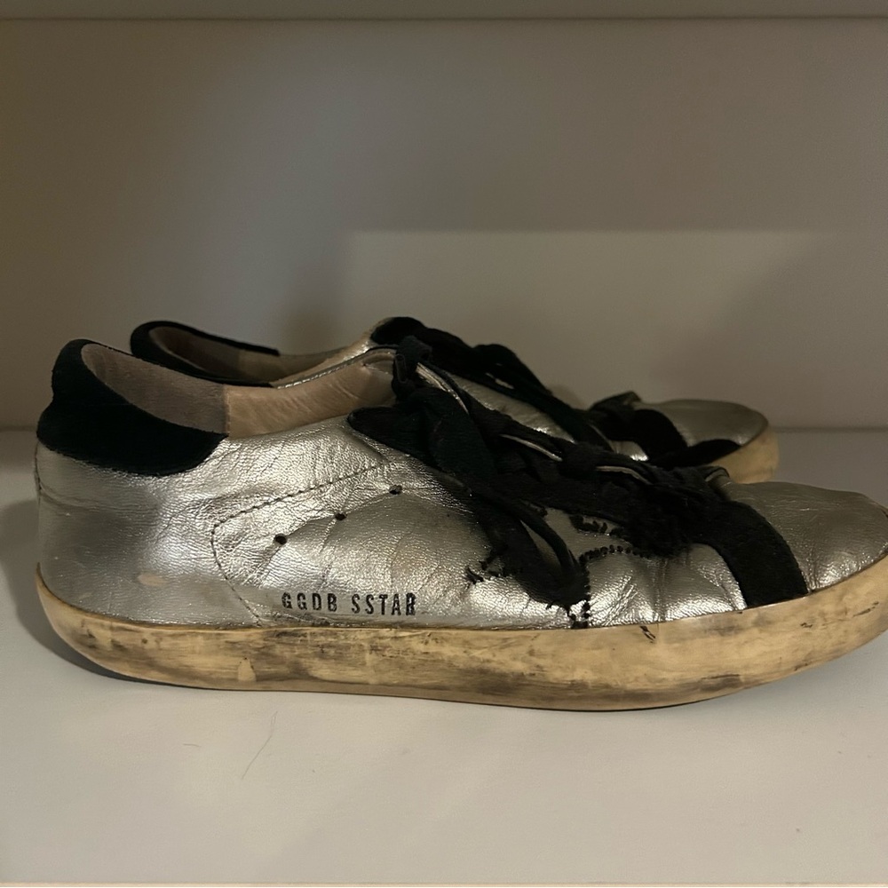 Golden Goose Metallic Silver and Black Superstar Sneakers